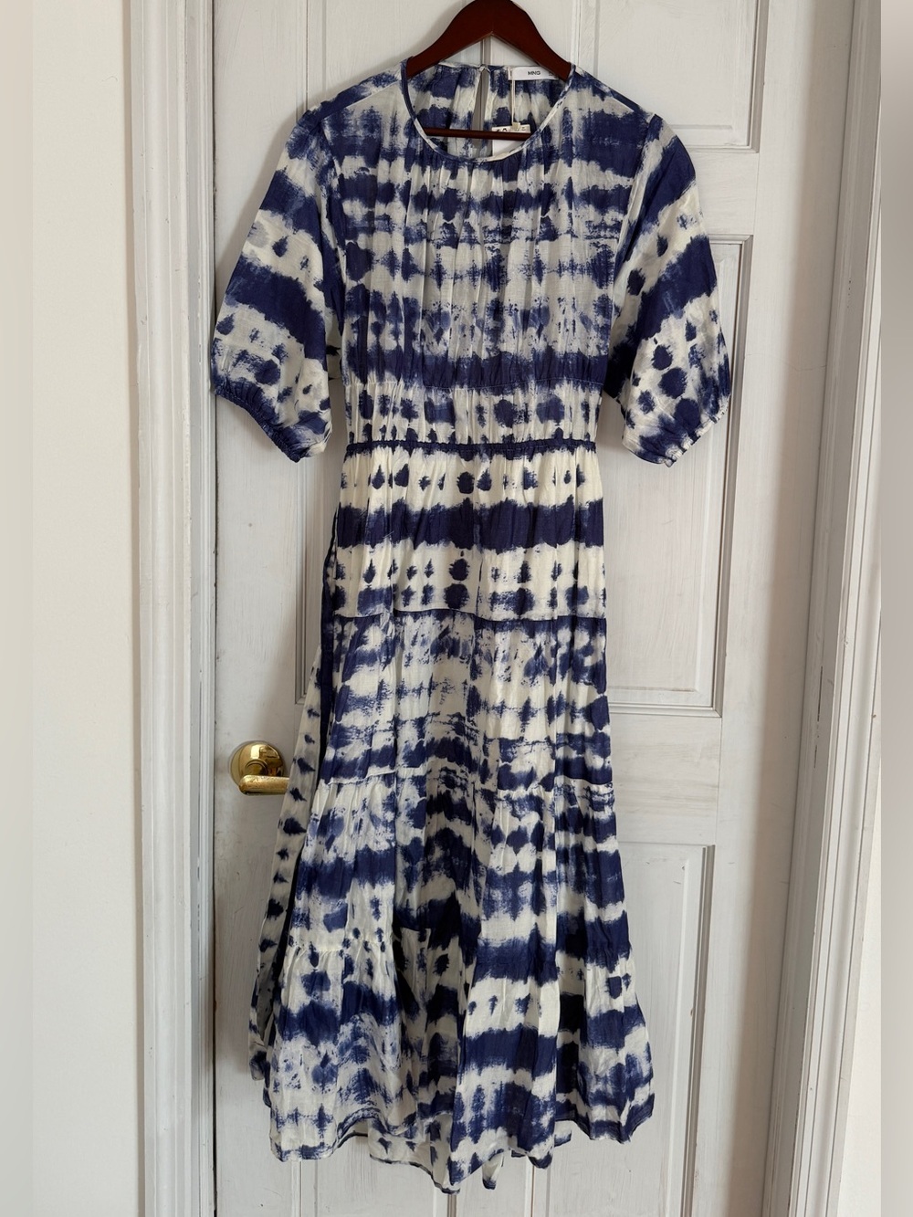 MNG Mango Blue White Tie Dye Midi Dress Puff Sleeve Open Back Tiered Boho NEW